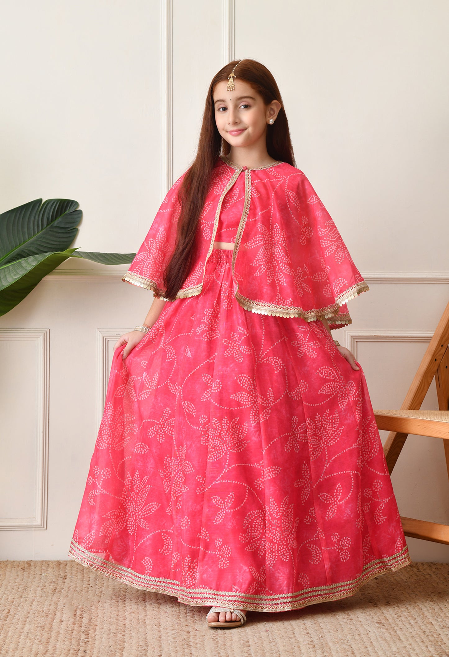 Girls’ Pink Printed Lehenga with Matching Cape and Crop Top Set