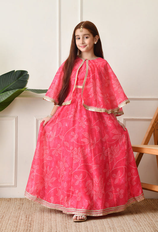 Girls’ Pink Printed Lehenga with Matching Cape and Crop Top Set