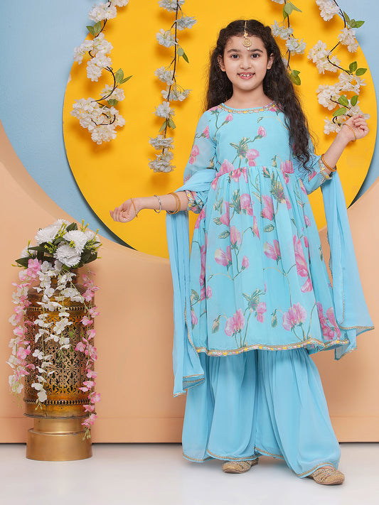 Girls Blue Floral Printed Kurta with Sharara With dupatta
