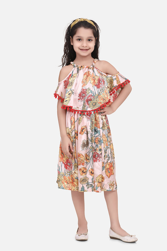 Light Pink Floral Printed Satin Dress with Pom Pom Lace