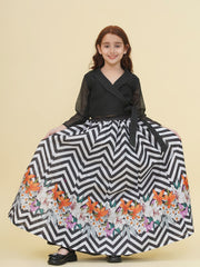 Girls Indo-Western Black & White Zig Zag Flower Digital Printed Top & Ready to wear Lehenga