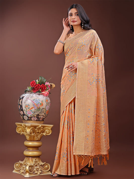 Elegant Orange Linen Cotton Saree with Floral Weave & Soft Gold Pallu – Graceful Choice for Casual, Office & Festive Looks