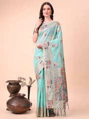 Linen Saree with Multicolor Weaving & Zari Pallu - Elegant & Lightweight for Everyday Grace
