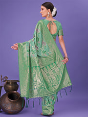 Elegant Green Floral Lichi Silk Saree with Zari Weaving and Rich Pallu – Wedding & Festive Wear Saree