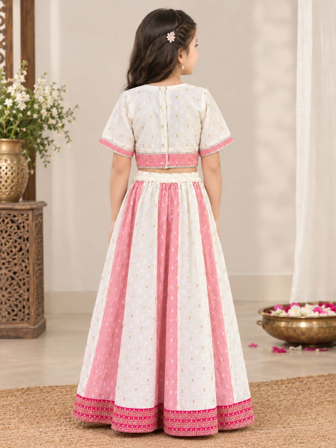Girls Off White & Green Woven Design Embroidered Patti Lehenga, Choli, Dupatta