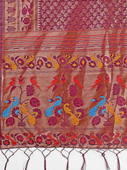 Vibrant Copper & Blue Banarasi Silk Saree with Colorful Pallu – Perfect Blend of Tradition and Festive Elegance