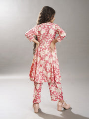 Girls Pink Angrakha Kurta with Trousers