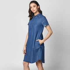 Women's Blue Denim Front Button Shirt Dress