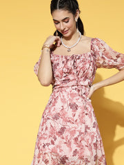 Women Pretty Pink Floral Volume Play Dress