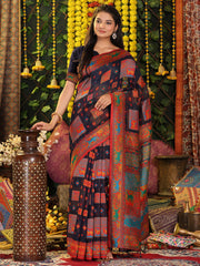Off White Linen Cotton Saree with Multicolor Ethnic Print – Soft & Lightweight Saree for Festive, Daily, and Office Wear