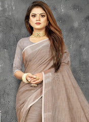 Elegant Peach Woven Linen Saree with Contrast Zari Border & Tassels – Soft & Breathable Party Wear
