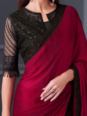 Women's Satin Silk Pink Embellished Designer Saree With Blouse Piece