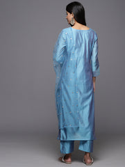 Women Blue Floral Embroidered Regular Chanderi Silk Kurta with Trousers & With Dupatta