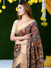 Women's Cotton Linen Brown Printed Designer Saree With Blouse Piece