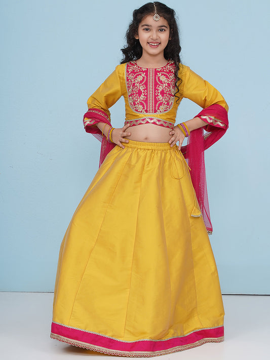 Girls Boho Design Yellow Pink Embroidered Choli & Ready to Wear Lehenga With Dupatta.