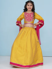Girls Boho Design Yellow Pink Embroidered Choli & Ready to Wear Lehenga With Dupatta.