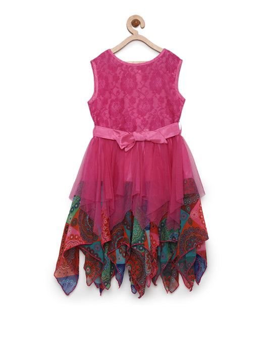 Girls Fuschia Printed Asymetrical Hemline Dress