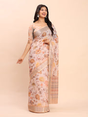 Soft Linen Cotton Saree for Women with Blouse | Elegant Cream Beige Saree with Peach Floral Print & Subtle Zari Border | Lightweight Daily & Festive Wear