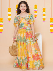 Girls Yellow Flower Digital Print Lace work Choli with Ready to wear Lehenga.