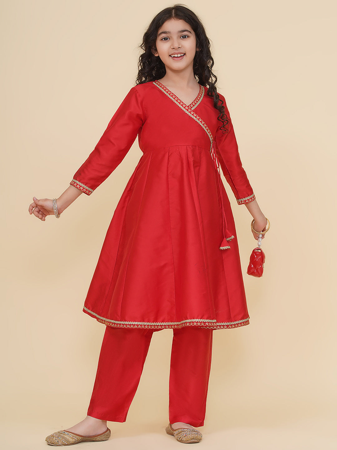 Solid Three-Fourth Sleeves Above Knee Length Silk Kurta With Trousers - Red