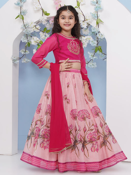 Girls Fuchsia Pink Flower Printed with Embroidered Choli, Lehenga with Dupatta