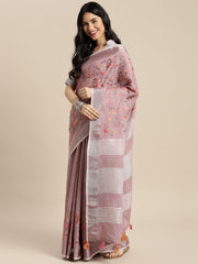 Royal Beige Linen Cotton Saree with Vibrant Floral Zari Border | Premium Festive & Party Collection
