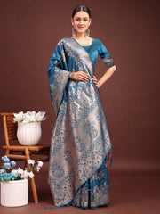 Emerald Banarasi Silk Saree with Zari Floral Work - Elegance Woven in Every Thread