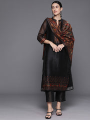 Women Black Printed Straight Kurta Paired With Solid Bottom And Printed Dupatta