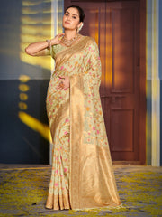 Graceful Yellow Banarasi Silk Saree with Golden Zari Woven Border & Floral Jaal – Wedding & Festive Wear