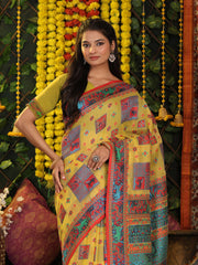 Off White Linen Cotton Saree with Multicolor Ethnic Print – Soft & Lightweight Saree for Festive, Daily, and Office Wear