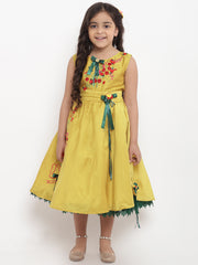 Silk Woven Sleeveless Embroidered Flared Frock - Yellow