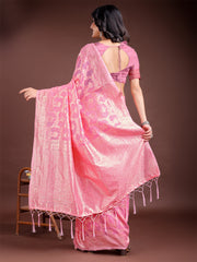 Elegant Peach Pink Linen Cotton Saree for Women – Soft Lightweight Saree with Subtle Self-Weave & Tassel Pallu