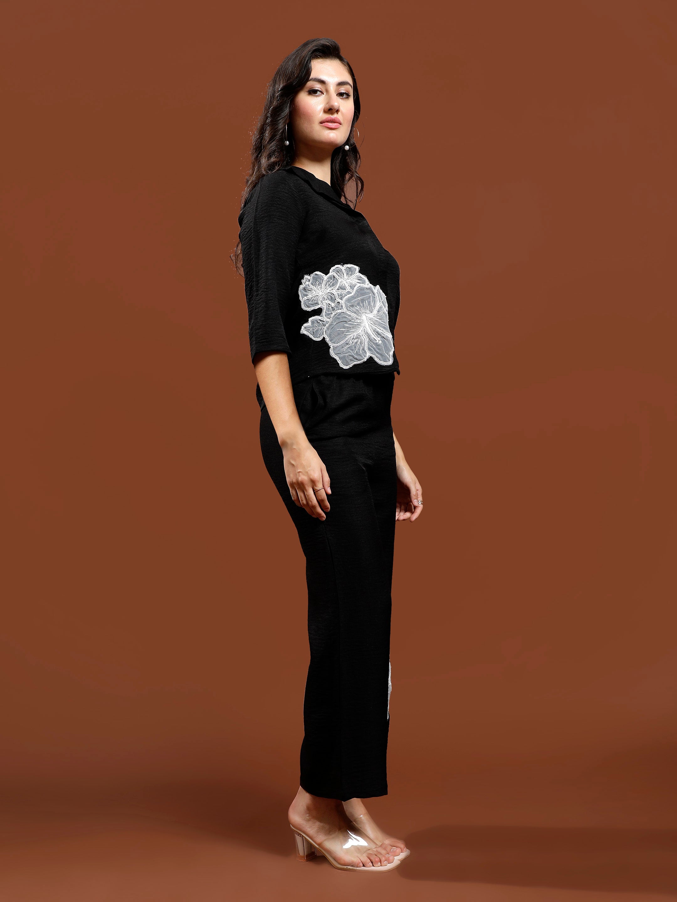 Floral Embellished Patchwork Linen Shirt & Trousers