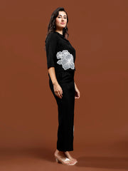 Floral Embellished Patchwork Linen Shirt & Trousers