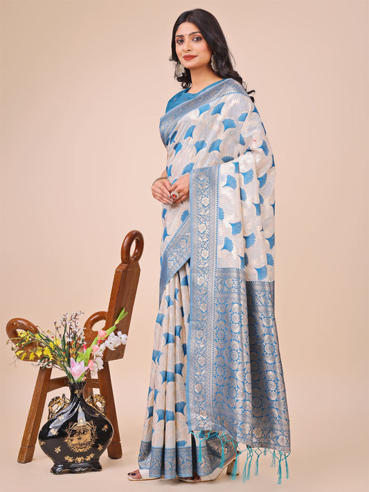 Elegant Linen Cotton Saree with Zari Woven Border and Pallu - Soft Lightweight Saree for Daily, Festive & Office Wear