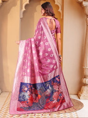 Floral Linen Cotton Saree with Zari Border & Digital Printed Pallu - Elegant Sari for Festive Occasions