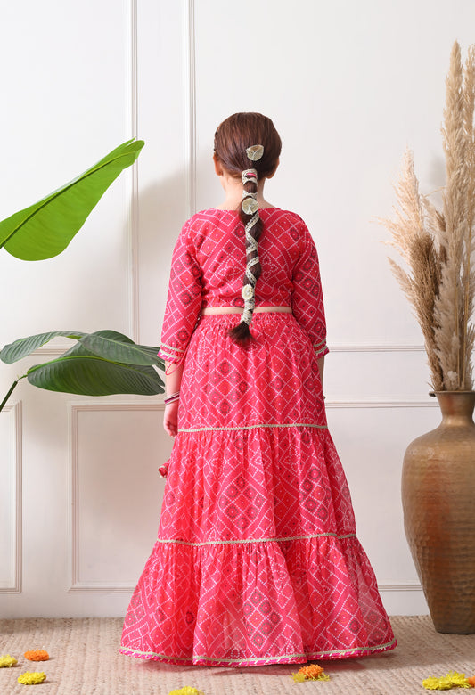 Girls Pink Printed Lehenga Choli Set with Embroidery and Dupatta