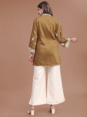 Mustard Colored Silk Blend With Off White Thread Embroidered Tunic & Trouser Co ord Set 