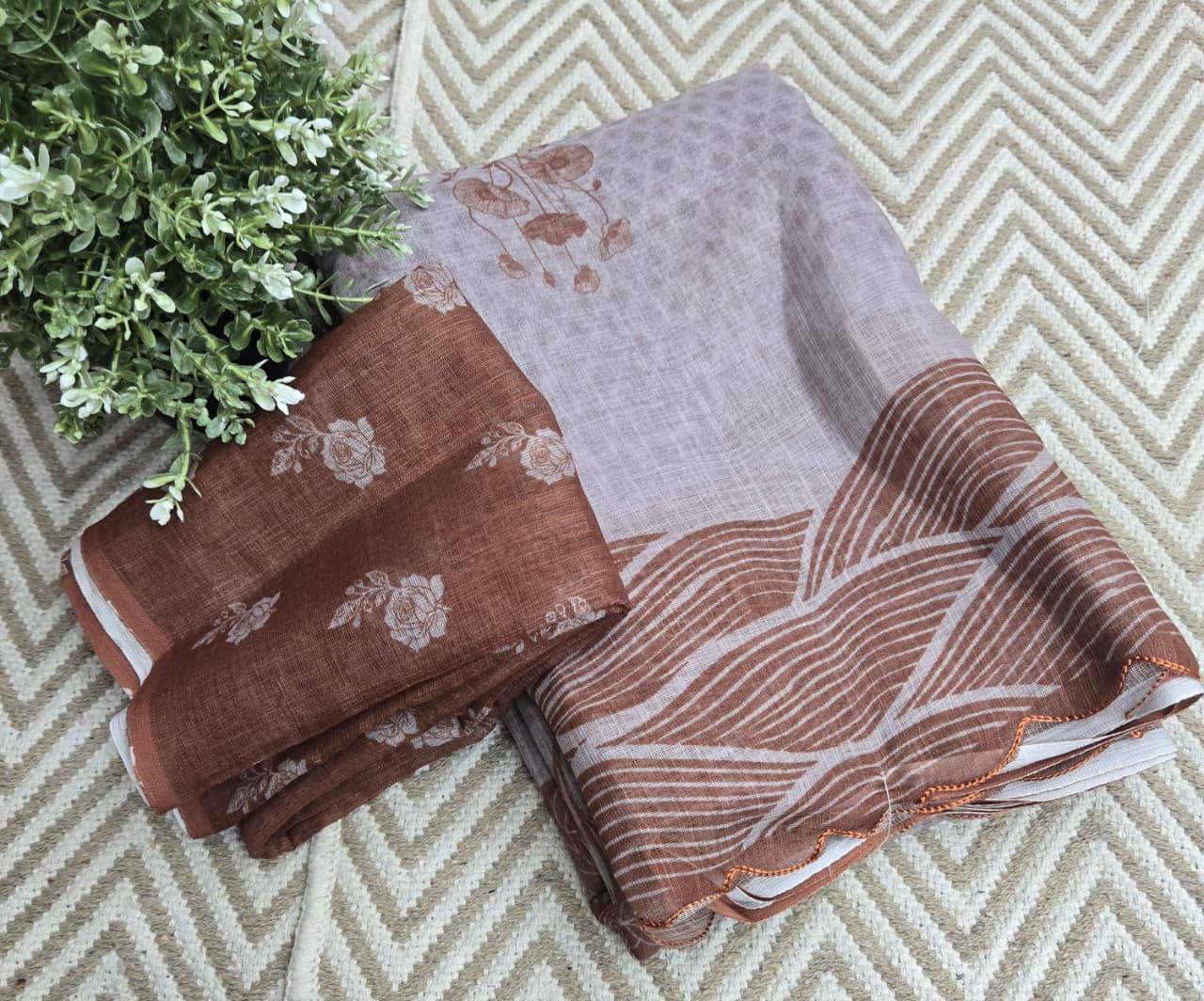 Soft linen saree with shaded style prints and cutwork