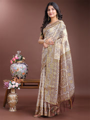 Graceful Beige & Coral Linen Cotton Saree – Lightweight Elegance for Modern Women
