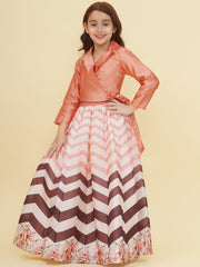 Girls Peach & Brown Zig Zag Flower Digital Print Choli Ready to wear Lehenga