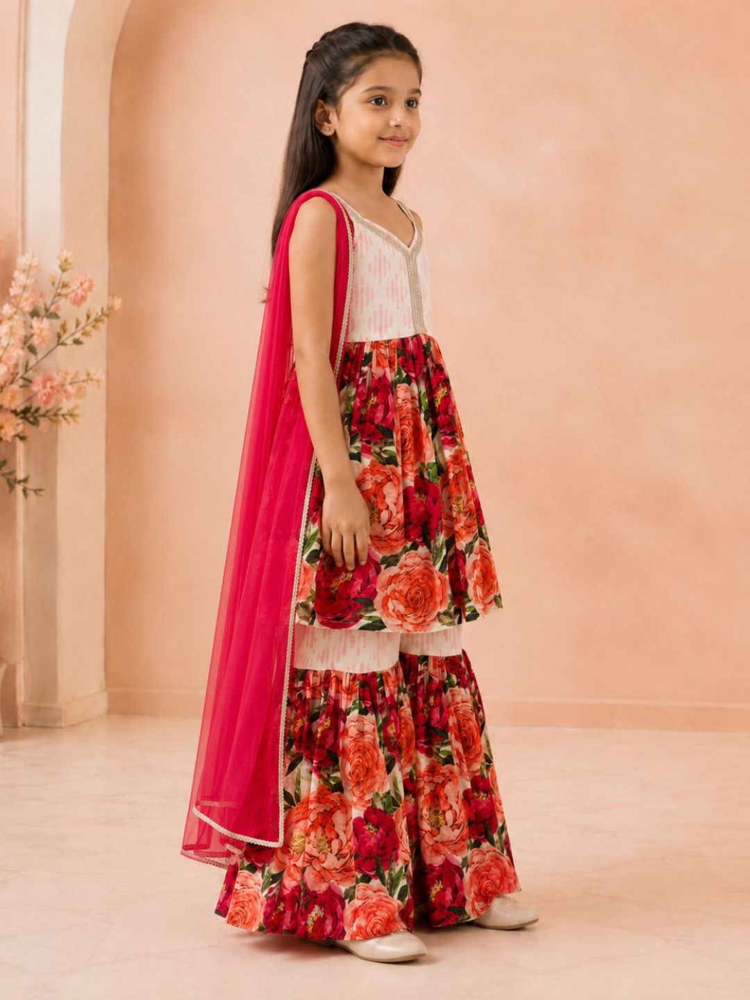 Girls Floral printed Kurta with Sharara and Red Dupatta