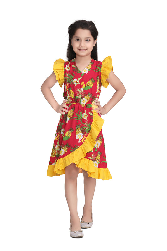 Girls Pinapple Print Polyester Crepe Dress with Ruffle