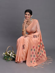 Elegant Linen Cotton Saree with Woven Pallu, Big Butta Work & Tassels - Office & Festive Wear