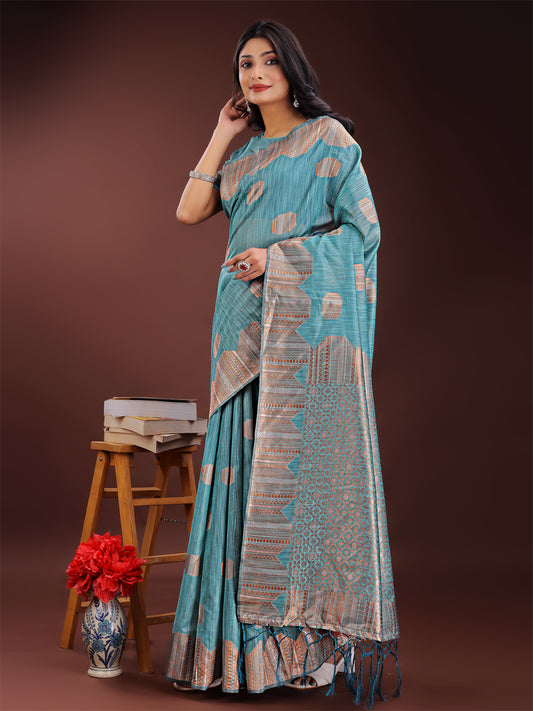 Teal Blue Linen Cotton Saree with Woven Geometric Zari Motifs – Elegant Festive Wear for Women