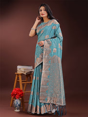 Teal Blue Linen Cotton Saree with Woven Geometric Zari Motifs – Elegant Festive Wear for Women
