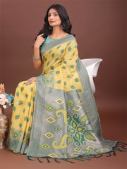 Stylish Green Linen Cotton Saree with Woven Design – Lightweight Elegance for Everyday Grace