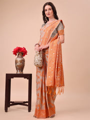 Banarasi Cotton Saree with Floral Zari Work and Traditional Pallu - Elegant Ethnic Wear for Festivals & Ceremonies