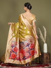 Green Floral Linen Cotton Saree with Zari Border & Digital Printed Pallu – Elegant Sari for Festive Occasions