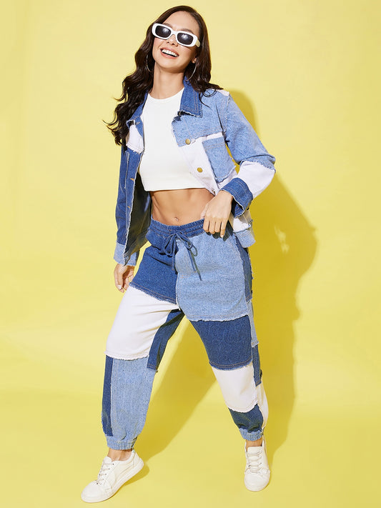 Women's Blue Denim Patchwork Jacket